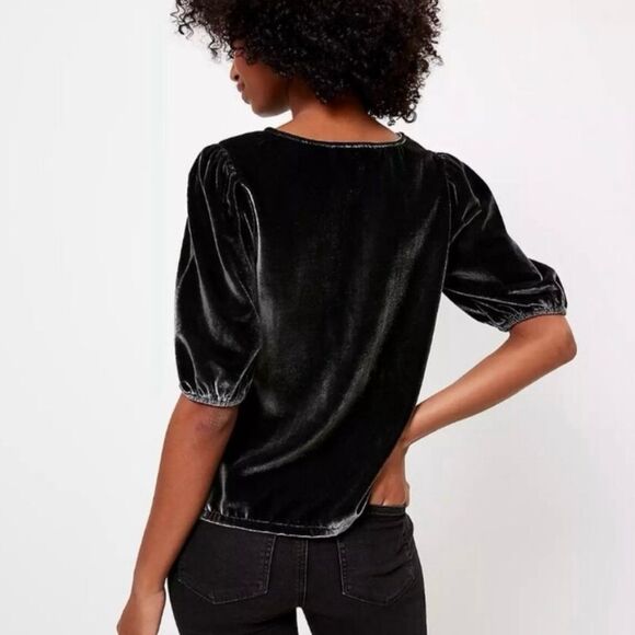 LOFT V-Neck Puff Sleeve Velvet Top Charcoal Gray S - Picture 2 of 11